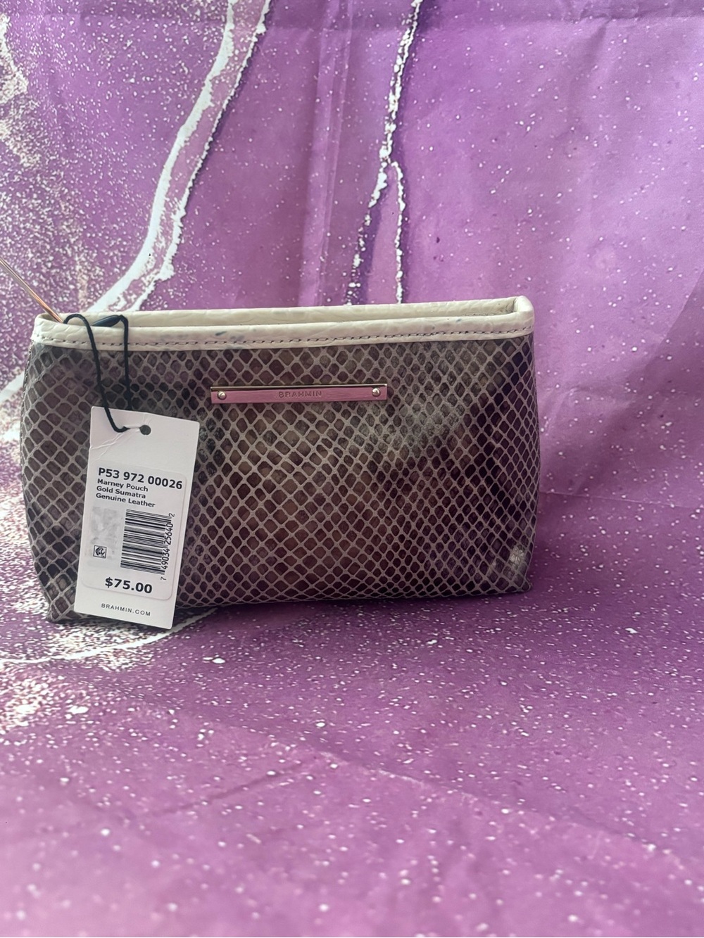 Brahmin Brown Taupe Gold Snake-Embossed Cosmetic Pouch